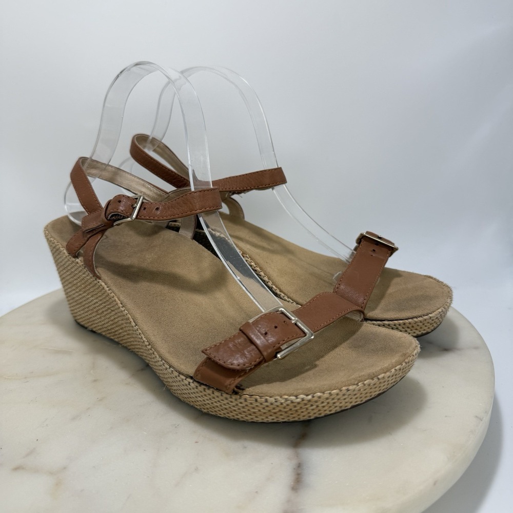 Vionic Orthaheel Brown Leather Strappy Buckle Jute Wedge Sandals  Size 10